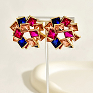 Rhinestone Donut with Square Stud Earrings, Zinc Alloy Earrings for Women, Colorful, 40x40mm(IQ6483)