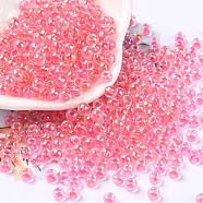 6/0 Glass Seed Beads, Inside Colours, Round, Transparent Colours Rainbow, Flamingo, 4x3mm, Hole: 1.2mm, about 6925pcs/pound(SEED-T006-04F-10)