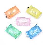 Transparent Resin Pendants, with Paillette & Platinum Tone Iron Peg Bail, Candy with Word Sweet, Mixed Color, 37x20.5x9.5mm, Hole: 2mm(RESI-S356-54B)