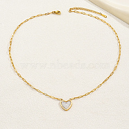 Natural Shell Heart Pendant Necklaces with Golden Stainless Steel Paperclip Chains, Snow, 18.11 inch(46cm)(EU3732-2)