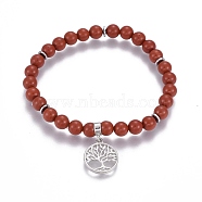 Natural Red Jasper Charm Bracelets, with Brass Findings, Flat Round with Tree of Life, 2-1/8 inch(5.5cm)~2-1/4 inch(5.6cm), beads: 6~6.5mm, Pendant: 18x15~15.5x2mm(BJEW-I275-B02)