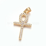 Ion Plating(IP) 304 Stainless Steel Pendants, with Crystal Rhinestone, Religion, Ankh Cross, Golden, 44.5x25x3.5mm, Hole: 5.5x7.5mm(STAS-E485-06G)