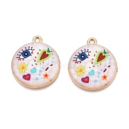 Printed Rack Plating Alloy Enamel Pendants, Golden, Flat Round with Eye & Heart Charm, Colorful, 28.5x25x4mm, Hole: 1.8mm(ENAM-T020-02C)