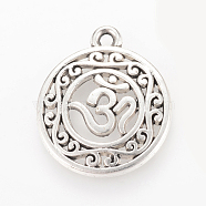 Tibetan Style Alloy Pendants, Flat Round with Om Symbol, Cadmium Free & Nickel Free & Lead Free, Antique Silver, 22x19x3mm, Hole: 2mm, about 445pcs/1000g(TIBEP-Q064-26AS-NR)
