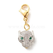 Brass Micro Pave Cubic Zirconia Pendants, with Lobster Claw Clasps, Leopard Head, Platinum, 26mm(HJEW-JM00577-02)