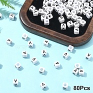 Acrylic Horizontal Hole Letter Beads, with Enamel, Cube, Letter V, 6x6x6mm, Hole: 3.2mm(OACR-YW0002-08V)