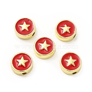 Brass Enamel Beads, Flat Round with Star, Golden, Red, 10.8x4.6mm, Hole: 2mm(KK-E068-VB454-2)