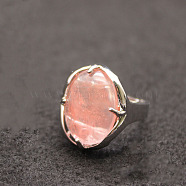 Oval Synthetic Cherry Quartz Glass Adjustable Ring, Platinum Alloy Jewelry for Women, Inner Diameter: 18mm(FIND-PW0021-05T)