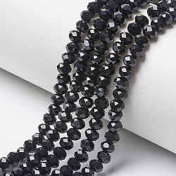 Opaque Solid Color Glass Beads Strands, Faceted, Rondelle, Black, 10x8mm, Hole: 1mm, about 65~66pcs/strand, 20.8~21.2 inch(53~54cm)(X-EGLA-A034-P10mm-D18)
