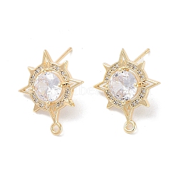 Brass Micro Pave Cubic Zirconia Stud Earring Findings, Sun, Real 18K Gold Plated, 20x17mm, Hole: 1.4mm, Pin: 0.8mm(KK-E107-09G)