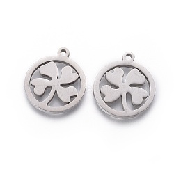 201 Stainless Steel Pendants, Manual Polishing, Ring with Clover, Stainless Steel Color, 17x16x1.5mm, Hole: 1.2mm(X-STAS-F231-072P)