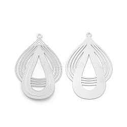 304 Stainless Steel Pendants, Hollow, Teardrop, Stainless Steel Color, 42.5x27.5x0.3mm, Hole: 1.5mm(STAS-B038-03P)