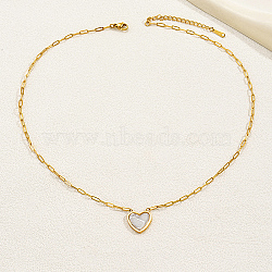 Natural Shell Heart Pendant Necklaces with Golden Stainless Steel Paperclip Chains, Snow, 18.11 inch(46cm)(EU3732-2)