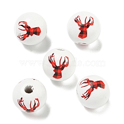 Printed Wood European Beads, White, Round, Deer, 15.5~16mm, Hole: 4~4.5mm(WOOD-G022-17A)