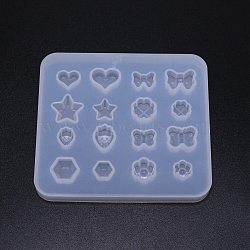 DIY Pendant Silicone Molds, for Earring Makings, Resin Casting Pendant Molds, For UV Resin, Epoxy Resin Jewelry Making, Heart & Bowknot & Star & Flower & Strawberry & Butterfly & Hexagon, White, 90x101x9.5mm, Inner Diameter: 10.5~17x8~17mm(DIY-TAC0008-67)