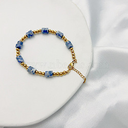 Bohemian Style Disc Natural Blue Spot Jasper Beaded Bracelets, Stainless Steel Jewelry for Women, Golden, Blue, 6-3/4 inch(17cm)(SD7802-2)