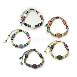 Lava Rock Beads Bracelets, Waxed Cotton Cord with Alloy Findings and Wood Beads, Mixed Color, 46mm(BJEW-D263-M)
