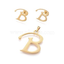 304 Stainless Steel Pendants and Stud Earrings Jewelry Sets, Alphabet, Letter.B, 32x29x1.5mm, Hole: 6x3mm, 15.5x17x1.5mm, Pin: 0.8mm(SJEW-P101-02G)