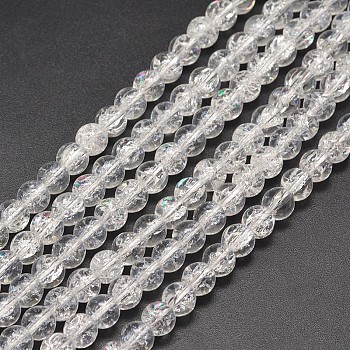 Electroplate Crackle Glass Round Bead Strands, Half Rainbow Plated, Clear, 8mm, Hole: 1mm, about 50pcs/strand, 15.7 inch