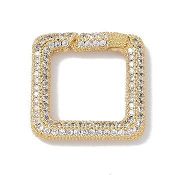 Rack Plating Brass Micro Pave Cubic Zirconia Spring Gate Rings Clasps, Cadmium Free & Lead Free, Long-Lasting Plated, Real 18K Gold Plated, Square, Clear, 20x20x3mm
