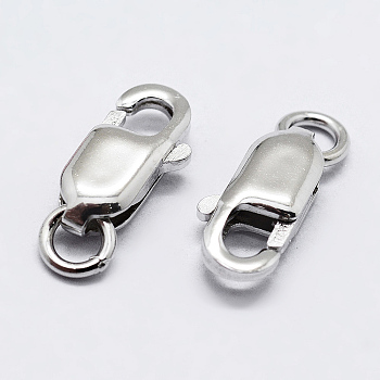 Rhodium Plated 925 Sterling Silver Lobster Claw Clasps, with 925 Stamp, Platinum, 10.5mm, Hole: 1mm