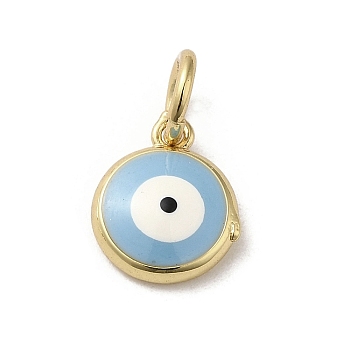 Brass Enamel Charms, with Jump Ring, Real 18K Gold Plated, Flat Round with Evil Eye Charm, Light Green, 11x9x3.5mm, Hole: 3.6mm