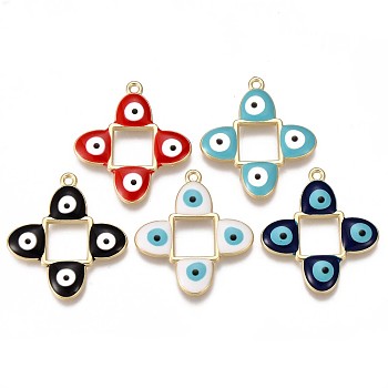 Eco-Friendly Alloy Enamel Pendants, Cadmium Free & Nickel Free & Lead Free, Cross with Four Evil Eye, Light Gold, Mixed Color, 33x29.5x2.5mm, Hole: 1.8mm