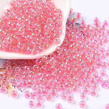 6/0 Glass Seed Beads, Inside Colours, Round, Transparent Colours Rainbow, Flamingo, 4x3mm, Hole: 1.2mm, about 6925pcs/pound