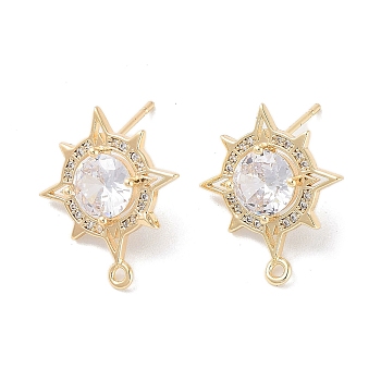 Brass Micro Pave Cubic Zirconia Stud Earring Findings, Sun, Real 18K Gold Plated, 20x17mm, Hole: 1.4mm, Pin: 0.8mm