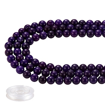 DIY Jewelry Bracelet Making Kits, 3 Strands 8mm Dyed Round Natural White Jade Beads and Flat Elastic Thread, Dark Slate Blue, 8mm, Hole: 1mm, about 49pcs/strand, 15.16''(38.5cm), 3strands/set