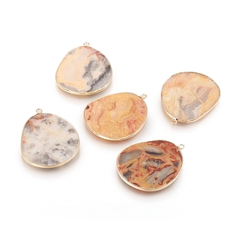 Natural Crazy Agate Pendants, with Brass Findings, Golden, 33.5~34x27x2mm, Hole: 1.5mm