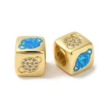 Rack Plating Brass Micro Pave Cubic Zirconia Beads, with Synthetic Opal, Cadmium Free & Lead Free, Long-Lasting Plated, Real 18K Gold Plated, Square, Large Hole Beads, European, Flat Round, 10x9.5x10mm, Hole: 5mm