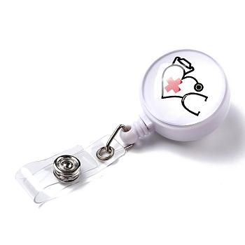 Stethoscope Pattern Glass Retractable Badge Reel, Nurse Badge Clip, ID Name Badge Holder, with Iron Alligator Clips, White, 85mm, Flat round: 43x32x21mm