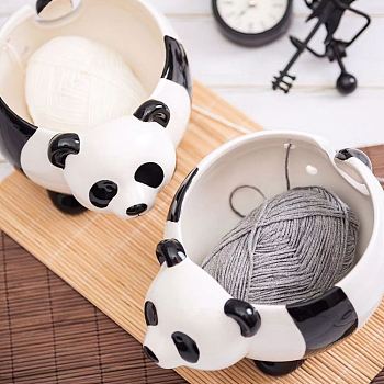 Lovely Panda Shape Handmade Porcelain Yarn Bowl Holder, Knitting Wool Storage Basket, with Holes to Prevent Slipping, White & Black, 20x14.5x12cm