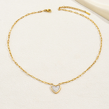 Natural Shell Heart Pendant Necklaces with Golden Stainless Steel Paperclip Chains, Snow, 18.11 inch(46cm)