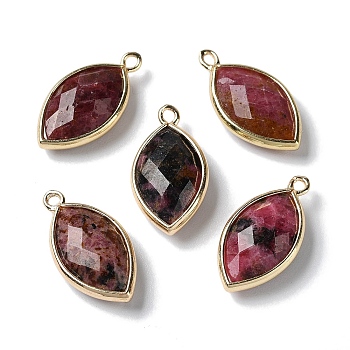 Natural Rhodonite Pendants, with Golden Brass Edge, Faceted, Horse Eye, 22x12x5.5mm, Hole: 1.8mm