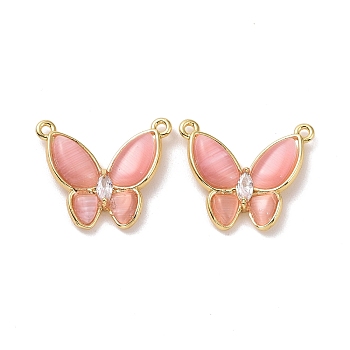 Cat Eye Pendants, Butterfly Charm, with Brass Clear Cubic Zirconia, Cadmium Free & Lead Free, Real 18K Gold Plated, Pink, 17x20.5x4mm, Hole: 1.2mm