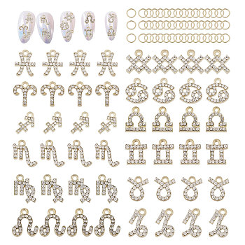 48 Pcs 12 Styles 12 Constellations Alloy Rhinestone Pendants, with Jump Rings, Light Gold, 9~12.5x7.5~10x2mm, Hole: 1~1.5mm, 4Pcs/style