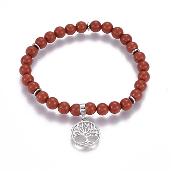 Natural Red Jasper Charm Bracelets, with Brass Findings, Flat Round with Tree of Life, 2-1/8 inch(5.5cm)~2-1/4 inch(5.6cm), beads: 6~6.5mm, Pendant: 18x15~15.5x2mm