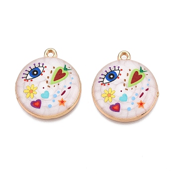 Printed Rack Plating Alloy Enamel Pendants, Golden, Flat Round with Eye & Heart Charm, Colorful, 28.5x25x4mm, Hole: 1.8mm