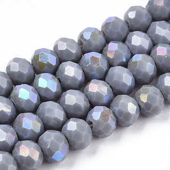 Electroplate Opaque Solid Color Glass Beads Strands, Half Rainbow Plated, Faceted, Rondelle, Light Grey, 10x8mm, Hole: 1mm, about 63~65pcs/strand, 19.2~20 inch(48~50cm)