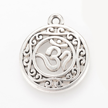 Tibetan Style Alloy Pendants, Flat Round with Om Symbol, Cadmium Free & Nickel Free & Lead Free, Antique Silver, 22x19x3mm, Hole: 2mm, about 445pcs/1000g