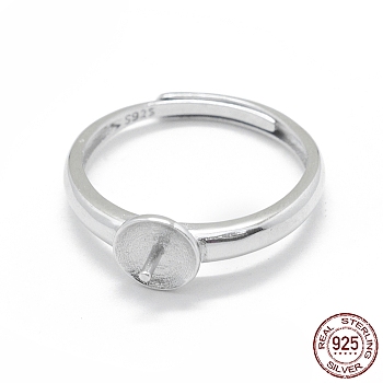 Adjustable Rhodium Plated 925 Sterling Silver Finger Ring Components, For Half Drilled Beads, Platinum, Size 7, 17mm, Tray: 6mm, Pin: 0.9mm