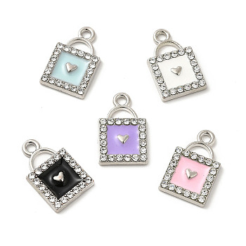Alloy Enamel Pendants, with Crystal Rhinestone, Padlock with Heart Charms, Platinum, Mixed Color, 18x11.5x2.5mm, Hole: 1.8mm