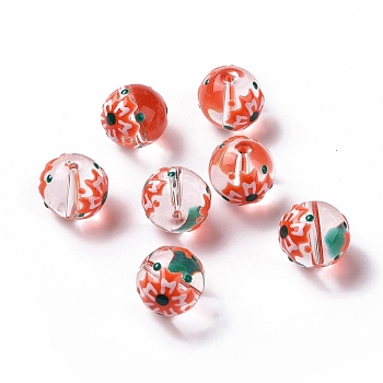 Transparent Glass Beads, with Enamel, Round, Red, Flower Pattern, 11.5~12x11mm, Hole: 1.5~1.6mm