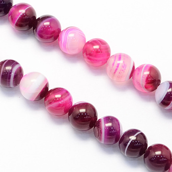 Perles rondes en agate naturelle à rayures / perles en pierre agate cerclée, teinte, support violet rouge, 8mm, Trou: 1.5mm, Environ 48 pcs/chapelet, 15.1 pouce