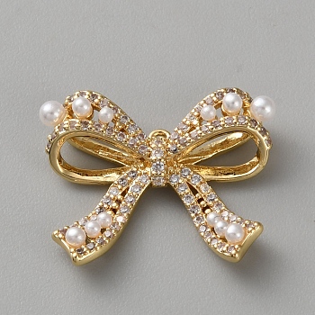 Brass Micro Pave Cubic Zirconia Pendants, with Plastic Beads, Bowknot, Real 18K Gold Plated, 17x21.5x6mm, Hole: 1.1mm