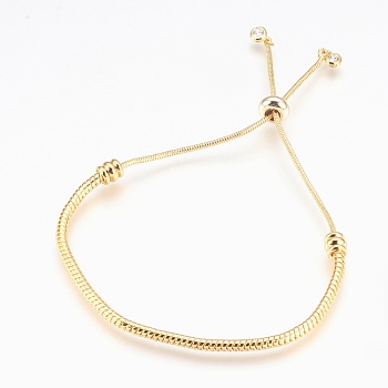 Adjustable Brass Bolo Bracelets, Slider Bracelets, with Cubic Zirconia Pendants, Lead Free & Cadmium Free & Nickel Free, Long-Lasting Plated, Golden, 1-1/2 inch~2-7/8 inch(3.8cm~7.4cm), 1~5mm