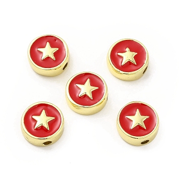 Brass Enamel Beads, Flat Round with Star, Golden, Red, 10.8x4.6mm, Hole: 2mm