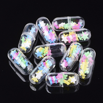 Openable Transparent Plastic Capsule Container, with Handmade Polymer Clay Cabochons Inside, Pill with Star, Colorful, 24x10.5mm